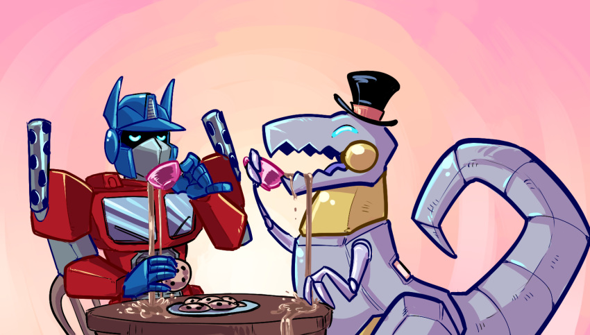 alien autobot beverage blue_eyes claws cookie cup cybertronian dinosaur duo eyes_closed food grimlock happy hat humanoid machine male mask not_furry open_mouth optimus_prime robot simple_background smile spacedrinks spill tea tea_cup teeth tongue top_hat transformer transformers