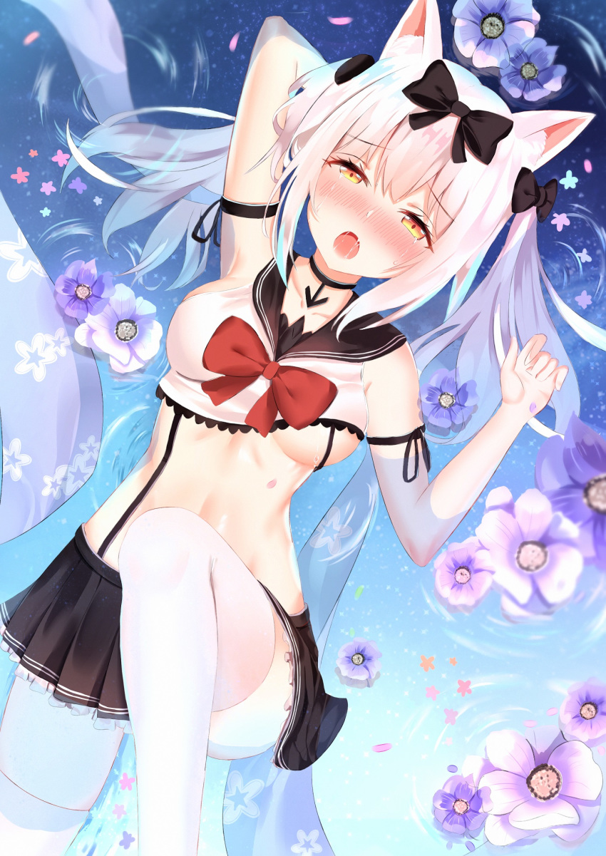 animal_ears arm_behind_head arm_ribbon armpits azur_lane bangs bare_shoulders black_bow black_ribbon blush bow breasts cat_ears collarbone commentary_request cropped_shirt eyebrows_visible_through_hair fang flower hair_bow half-closed_eyes highres knee_up long_hair looking_at_viewer lying lying_on_water medium_breasts mobu_(wddtfy61) navel no_bra nose_blush on_back open_mouth petals petals_on_liquid pleated_skirt ribbon sailor_collar saliva saliva_trail shirt sidelocks silver_hair skirt sleeveless solo suspenders tearing_up thighhighs underboob white_legwear white_shirt yukikaze_(azur_lane)