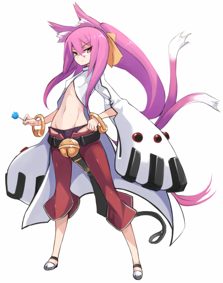animal_ears bangs bell belt black_belt black_panties blazblue breasts candy cat_ears cat_girl cat_tail commentary_request eyebrows_visible_through_hair fingernails food full_body glasses grey_footwear groin hair_between_eyes hair_ribbon hand_on_hip highres holding holding_lollipop jingle_bell karukan_(monjya) kokonoe lollipop long_hair md5_mismatch midriff multiple_tails navel opaque_glasses orange_ribbon panties pants pince-nez pink_hair ponytail red_eyes red_pants ribbon sidelocks simple_background small_breasts solo standing tail two_tails underwear very_long_hair white_background white_coat