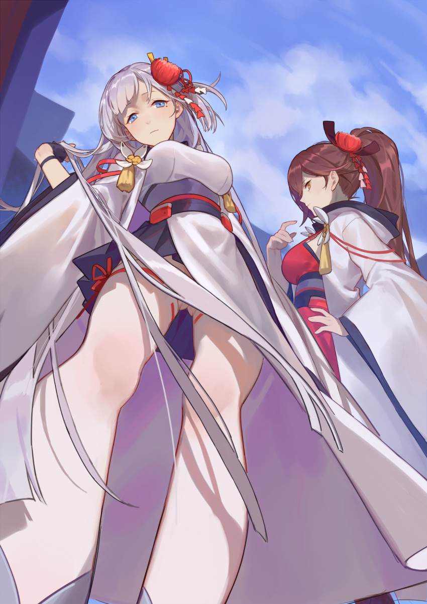 aiguillette ass_visible_through_thighs azur_lane bangs black_gloves blue_eyes blue_sky blush breasts brown_hair butt_crack cleavage closed_mouth commentary_request dress expressionless eyebrows_visible_through_hair from_below gloves hair_ornament half-closed_eyes hand_in_hair hand_on_hip hand_up highres hood hood_down japanese_clothes kimono large_breasts long_hair looking_at_viewer mole mole_under_eye multiple_girls partly_fingerless_gloves ponytail red_cucumber ribbon shoukaku_(azur_lane) silver_hair sky smile tassel thighhighs very_long_hair wide_sleeves zuikaku_(azur_lane)