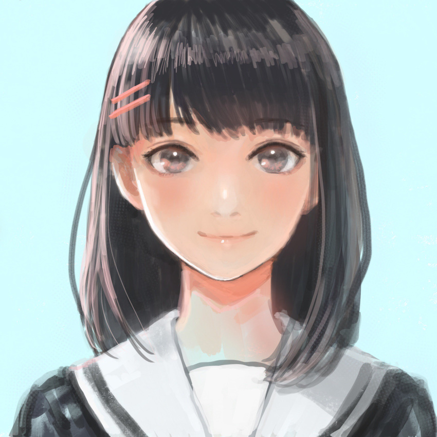 black_eyes black_hair black_shirt blue_background closed_mouth commentary_request eyebrows_visible_through_hair hair_ornament hairclip highres original portrait romiy sailor_collar school_uniform serafuku shirt simple_background smile solo white_sailor_collar