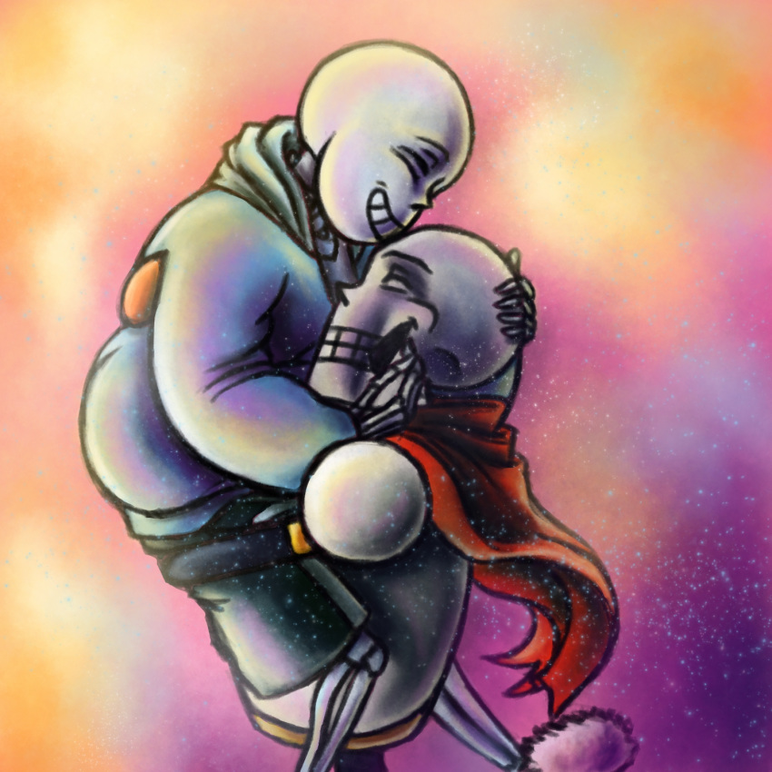 2016 animated_skeleton bone clothed clothing duo embrace everythingundertale eyes_closed happy hi_res humanoid kissing male not_furry papyrus_(undertale) sans_(undertale) skeleton smile undead undertale video_games