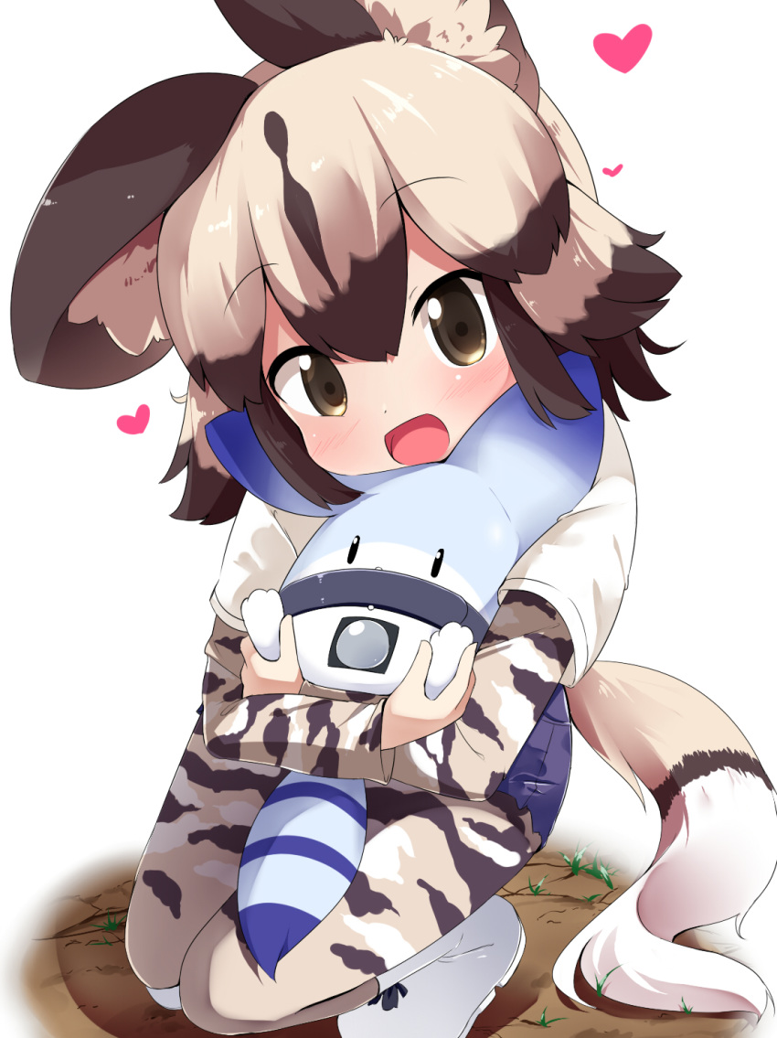 :d african_wild_dog_(kemono_friends) african_wild_dog_print animal_ears blonde_hair boots brown_eyes brown_hair commentary dog_ears dog_tail heart highres hug kemono_friends long_sleeves looking_at_viewer lucky_beast_(kemono_friends) makuran open_mouth pantyhose pantyhose_under_shorts print_legwear print_sleeves shirt short_over_long_sleeves short_shorts short_sleeves shorts smile squatting tail white_footwear white_shirt