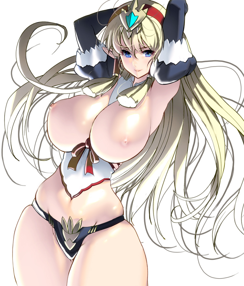 1girl armpits arms_up black_panties blonde_hair blue_eyes breastless_clothing breasts curvy detached_sleeves elf female hair_ornament hair_tubes hairband highres huge_breasts long_hair looking_at_viewer masao nipples no_bra panties pointy_ears simple_background solo standing thick_thighs white_background