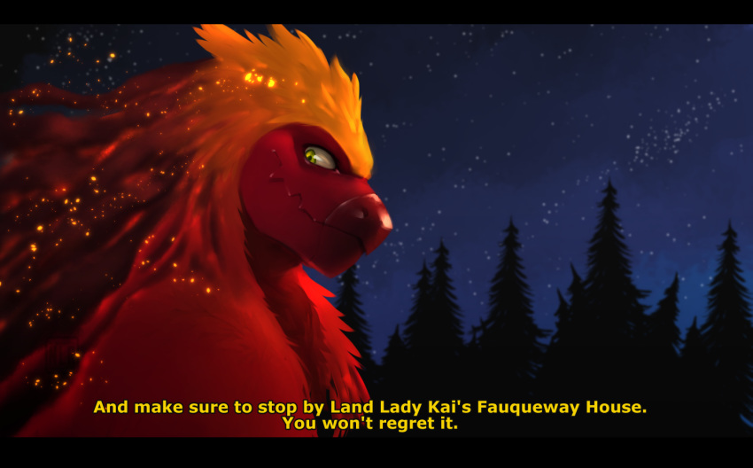 anthro dragon english_text forest fur male night nlr_domain outside sky smile solo text tree