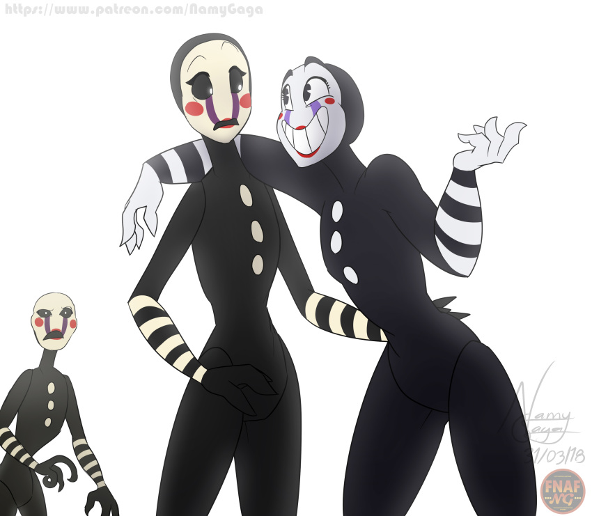 2018 animatronic arm_around_shoulders black_sclera duo_focus five_nights_at_freddy's five_nights_at_freddy's_2 group humanoid machine marionette_(fnaf) namygaga not_furry patreon robot signature simple_background square_crossover standing url video_games watermark white_background white_eyes