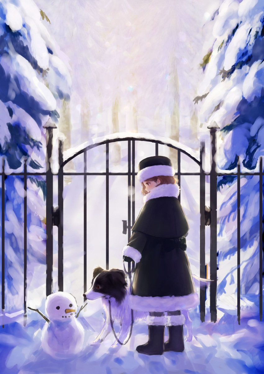 absurdres boots capelet commentary_request dog dog_walking dress fur_boots fur_trim gate highres leash long_sleeves original outdoors romiy snow snowing snowman solo standing tree winter