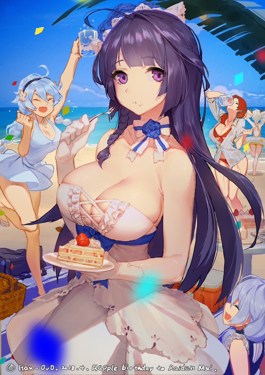 :d :t ^_^ ^o^ ahoge arm_up arms_up artist_name bag bare_shoulders basket beach beach_towel benghuai_xueyuan bikini bikini_under_clothes black_hairband blue_dress blue_flower blue_rose blue_sky bow bowtie braid breasts bronya_zaychik cake casual_one-piece_swimsuit center_frills cleavage clenched_hand closed_eyes closed_mouth cloud collarbone cup day dress drill_hair drinking drinking_glass duffel_bag eating facing_viewer flower food food_on_face fork frilled_dress frills front-tie_bikini front-tie_top fruit gloves grey_shirt hair_flower hair_ornament hair_over_shoulder hairband han-0v0 highres holding holding_cup holding_fork holding_plate honkai_impact innertube jewelry kiana_kaslana large_breasts leg_up long_hair multiple_girls murata_himeko necklace ocean one-piece_swimsuit open_clothes open_mouth open_shirt palm_leaf pendant plate purple_eyes purple_hair raiden_mei red_bikini red_hair red_ribbon ribbon rose sand sandals shiny shiny_hair shirt shore short_sleeves side_braid sideways_mouth single_braid sky sleeveless sleeveless_dress slice_of_cake smile standing standing_on_one_leg straight_hair strapless strapless_dress strawberry striped striped_shirt swimsuit table theresa_apocalypse towel twin_drills twintails vertical-striped_shirt vertical_stripes very_long_hair white_bow white_dress white_gloves white_neckwear yellow_swimsuit