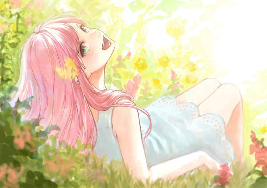 :d absurdres bare_shoulders blue_eyes dress flower grass hair_flower hair_ornament highres legs_together long_hair looking_at_viewer looking_back open_mouth original pink_hair reclining romiy sitting smile solo white_dress