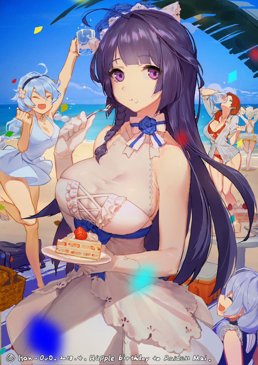 :d :t ^_^ ^o^ ahoge arm_up arms_up artist_name bag bare_shoulders basket beach beach_towel benghuai_xueyuan bikini bikini_under_clothes black_hairband blue_dress blue_flower blue_rose blue_sky bow bowtie braid breasts bronya_zaychik cake casual_one-piece_swimsuit center_frills cleavage clenched_hand closed_eyes closed_mouth cloud collarbone cup day dress drill_hair drinking drinking_glass duffel_bag eating facing_viewer flower food food_on_face fork frilled_dress frills front-tie_bikini front-tie_top fruit gloves grey_shirt hair_flower hair_ornament hair_over_shoulder hairband halter_dress han-0v0 highres holding holding_cup holding_fork holding_plate honkai_impact innertube jewelry kiana_kaslana large_breasts leg_up long_hair multiple_girls murata_himeko necklace ocean one-piece_swimsuit open_clothes open_mouth open_shirt palm_leaf pendant plate purple_eyes purple_hair raiden_mei red_bikini red_hair red_ribbon ribbon rose sand sandals see-through shiny shiny_hair shirt shore short_sleeves side_braid sideways_mouth single_braid sky sleeveless sleeveless_dress slice_of_cake smile standing standing_on_one_leg straight_hair strawberry striped striped_shirt swimsuit table theresa_apocalypse towel twin_drills twintails vertical-striped_shirt vertical_stripes very_long_hair white_bow white_dress white_gloves white_neckwear yellow_swimsuit