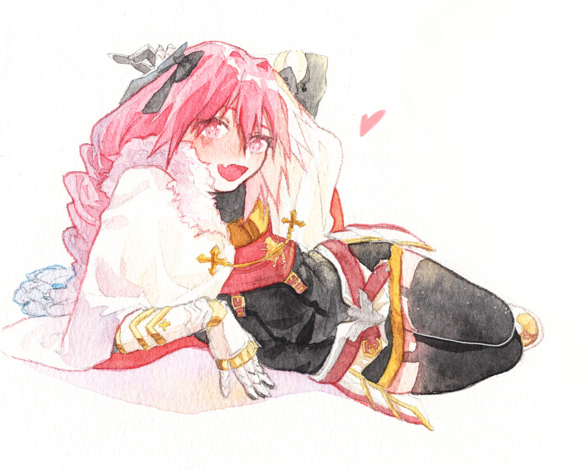 :d arm_behind_head arm_support arm_up astolfo_(fate) bangs black_bow black_gloves black_legwear black_shirt black_skirt boots bow braid buckle chinese_commentary commentary_request emblem fang fate/apocrypha fate_(series) faulds fur-trimmed_cloak fur_collar garter_straps gauntlets gloves gold_trim gorget hair_between_eyes hair_bow hair_intakes heart highres knee_boots long_hair long_sleeves looking_at_viewer lying male_focus miniskirt multicolored_hair on_side open_mouth otoko_no_ko pink_eyes pink_hair shirt simple_background single_braid skirt smile solo sonira_(fanfan941123) streaked_hair thighhighs traditional_media turtleneck two-tone_hair white_background white_cloak white_footwear white_hair zettai_ryouiki