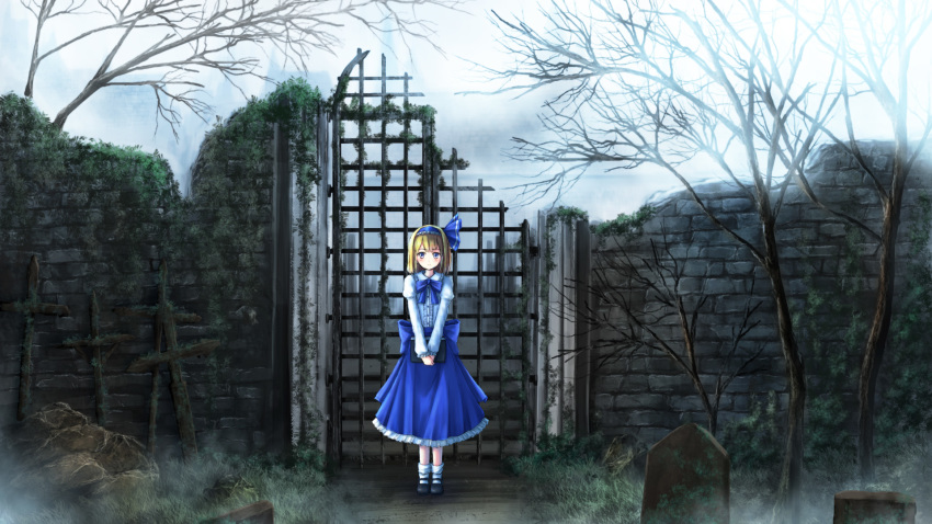 ai_hajime alice_margatroid alice_margatroid_(pc-98) bare_tree black_footwear blonde_hair blouse blue_eyes blue_ribbon blue_skirt book cloud cloudy_sky column cross day expressionless frilled_skirt frills gate hair_ribbon hairband highres juliet_sleeves lolita_hairband long_sleeves looking_at_viewer mary_janes moss neck_ribbon outdoors overgrown pillar puffy_sleeves ribbon rock ruins shoes short_hair skirt sky solo standing stone_wall tombstone touhou touhou_(pc-98) tree v_arms wall white_blouse white_legwear wide_shot