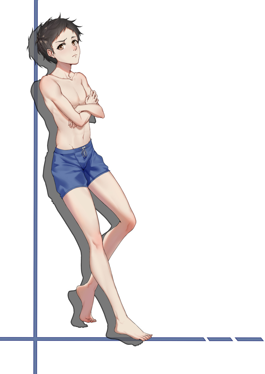 absurdres bare_legs barefoot black_hair blush brown_eyes closed_mouth collarbone crossed_arms expressionless from_behind full_body highres karakai_jouzu_no_takagi-san looking_at_viewer looking_to_the_side male_swimwear meng_xi_ds navel nishikata older shirt_lift stomach swim_trunks swimwear toes white_background