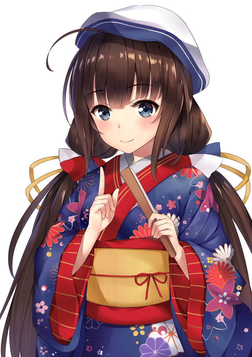 absurdres ahoge alternate_costume beret blue_eyes blue_kimono blush brown_hair closed_fan closed_mouth fan floral_print folding_fan hat highres hinatsuru_ai holding holding_fan index_finger_raised japanese_clothes kimono long_hair long_sleeves low_twintails obi print_kimono ryuuou_no_oshigoto! sash smile solo translation_request twintails very_long_hair white_hat wide_sleeves yukinoshita_(shaonjishi)