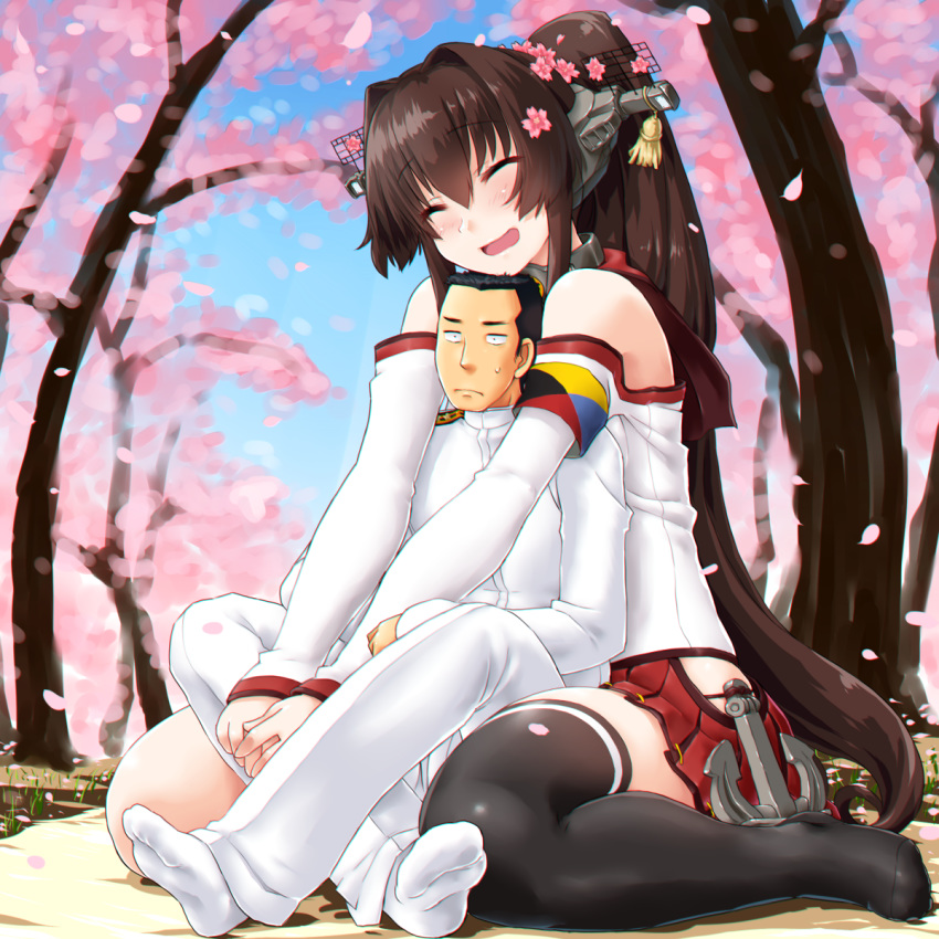 1girl admiral_(kantai_collection) anchor bare_shoulders between_legs black_hair black_legwear blue_sky blush breasts brown_hair cherry_blossoms closed_eyes commentary constricted_pupils couple crossed_legs day dd_(ijigendd) detached_sleeves from_behind giantess hair_intakes headgear height_difference hetero highres hip_vent hug jacket kantai_collection large_breasts long_hair long_sleeves miniskirt open_mouth outdoors pants pleated_skirt ponytail red_skirt sanpaku single_thighhigh sitting size_difference skirt sky socks soles sweatdrop tassel thighhighs toe_seam unamused very_long_hair wariza white_footwear white_jacket white_legwear white_pants white_sleeves yamato_(kantai_collection)