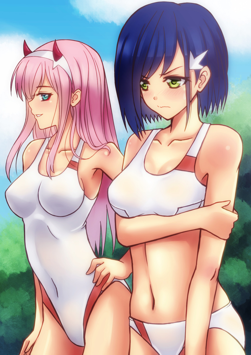 bikini breast_hold cleavage darling_in_the_franxx horns ichigo_(darling_in_the_franxx) sawwei005 swimsuits zero_two_(darling_in_the_franxx)