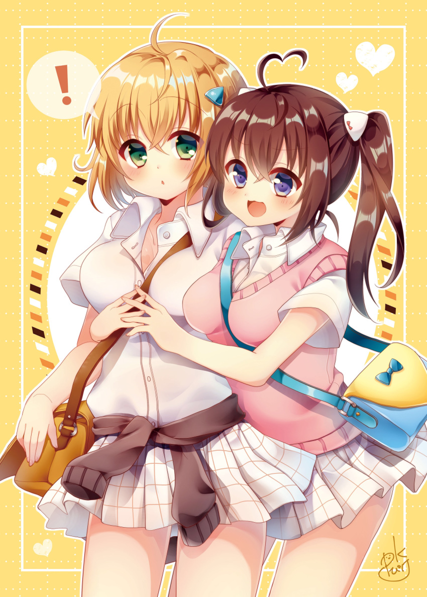 2girls :3 :d absurdres ahoge bag bangs between_breasts black_cardigan blush breasts brown_hair cardigan cardigan_around_waist collared_shirt commentary_request dress_shirt eyebrows_visible_through_hair green_eyes hair_between_eyes hair_ornament heart heart_ahoge highres hug large_breasts light_brown_hair long_hair medium_breasts multiple_girls open_mouth original parted_lips pk_(mukasihasakana) pleated_skirt purple_eyes shirt short_sleeves shoulder_bag signature skirt smile spoken_exclamation_mark strap_cleavage sweater_vest white_shirt white_skirt