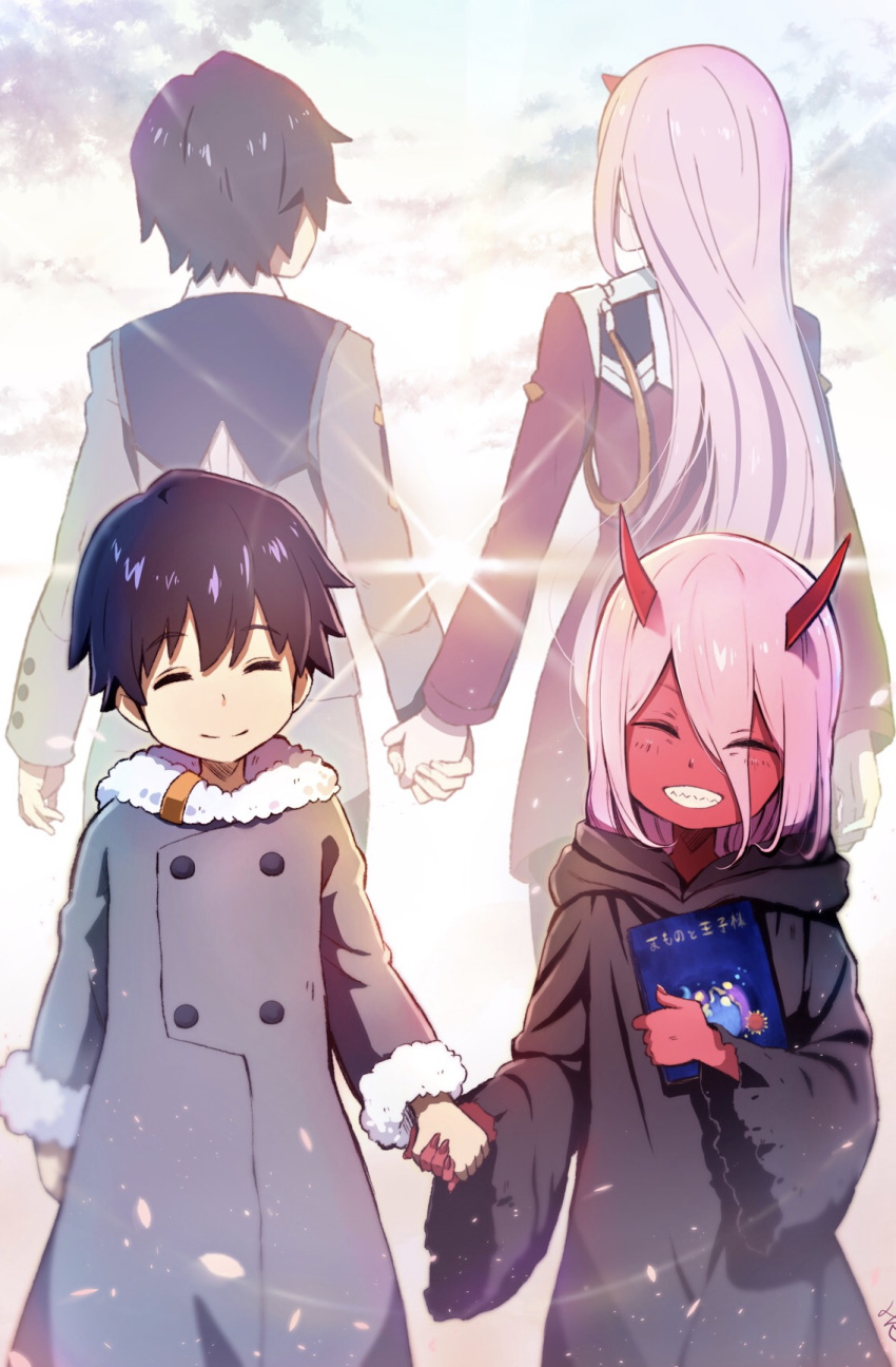 1girl ^_^ book closed_eyes coat commentary_request couple darling_in_the_franxx dual_persona eyebrows_visible_through_hair fingernails fur_trim grey_coat grin hair_between_eyes happy highres hiro_(darling_in_the_franxx) holding holding_book holding_hands hoshizaki_reita long_hair long_sleeves oni oni_horns pink_hair purple_hair red_horns red_skin robe sharp_fingernails sharp_teeth signature smile standing teeth winter_clothes winter_coat younger zero_two_(darling_in_the_franxx)