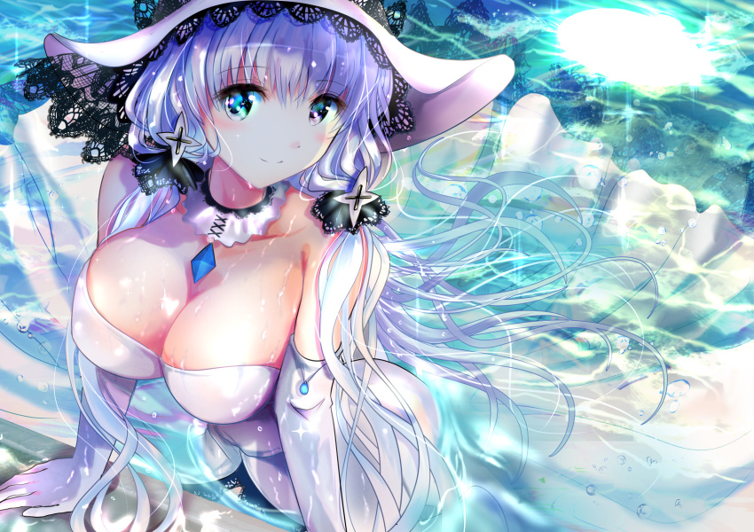arm_support armlet azur_lane bangs bare_shoulders blue_eyes blush breasts choker cleavage closed_mouth collarbone commentary_request dress elbow_gloves eyebrows_visible_through_hair gloves hair_between_eyes hair_ornament hair_ribbon hat head_tilt highres illustrious_(azur_lane) jewelry large_breasts light_particles long_hair looking_at_viewer low_twintails mole mole_under_eye ogata_tei partially_submerged pendant reflection ribbon sapphire_(stone) shaded_face sidelocks sleeveless sleeveless_dress smile solo sun sun_hat tress_ribbon twintails water water_drop wet wet_clothes white_dress white_gloves white_hair white_hat