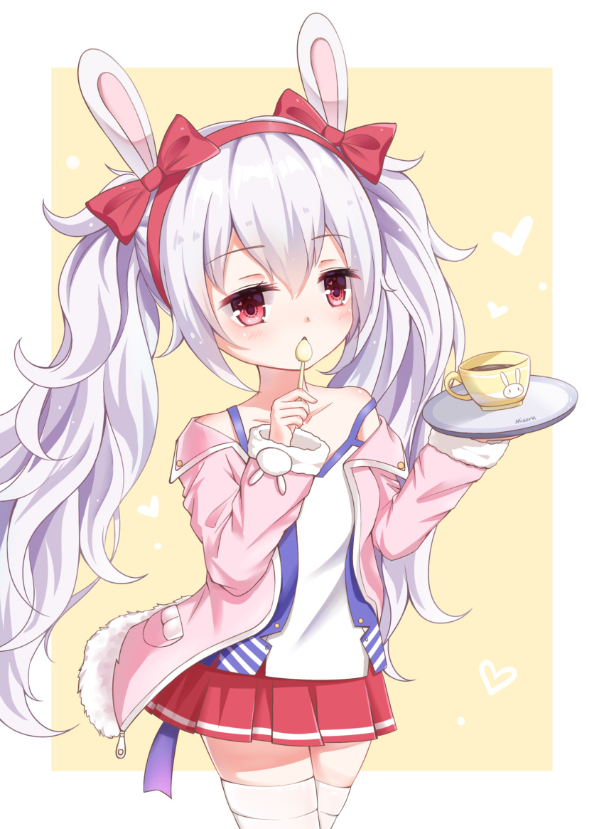 absurdres animal_ears artist_name azur_lane bangs bare_shoulders blush bow bunny_ears camisole collarbone cowboy_shot cup eyebrows_visible_through_hair fur-trimmed_jacket fur-trimmed_sleeves fur_trim hair_between_eyes hair_bow hairband heart highres holding holding_plate holding_spoon jacket laffey_(azur_lane) long_hair long_sleeves miaorh off_shoulder open_clothes open_jacket parted_lips pink_jacket plate pleated_skirt red_bow red_eyes red_hairband red_skirt sidelocks silver_hair skirt solo spoon strap_slip teacup thighhighs twintails very_long_hair white_camisole white_legwear yellow_background