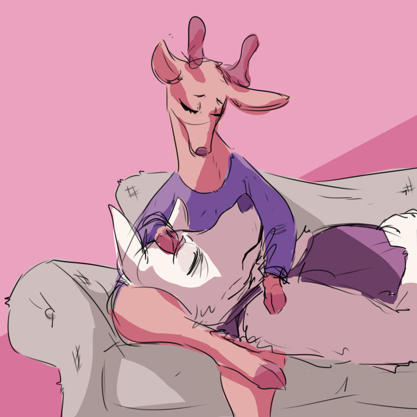 2016 al_(weaver) anthro antlers canine cervine clothed clothing deer disney duo eyes_closed female fur hi_res horn interspecies lying male mammal nobby_(artist) pack_street romantic_couple sitting sofa velvet_roe_(weaver) white_fur wolf zootopia