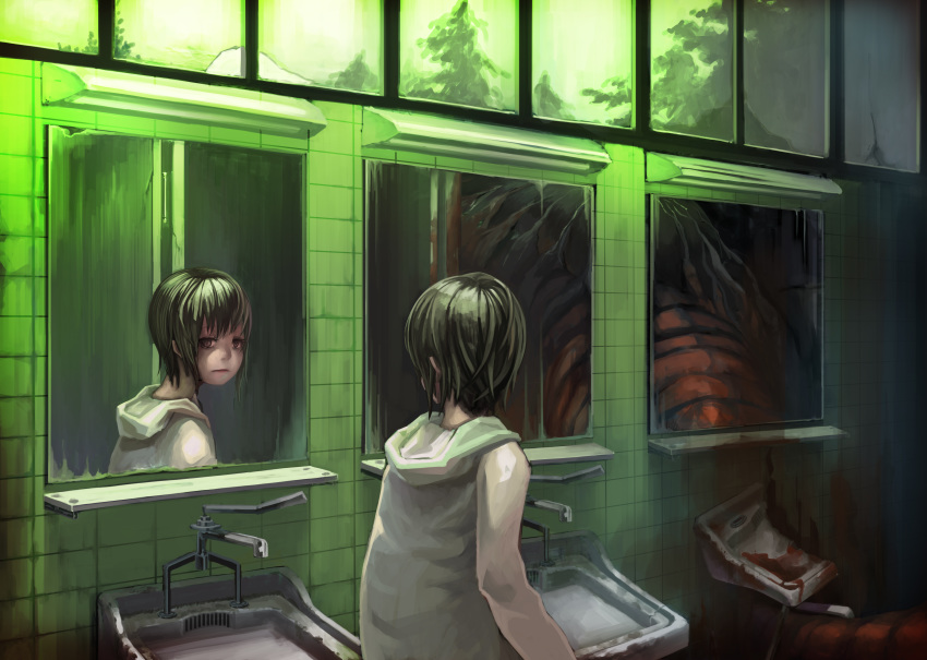 absurdres bags_under_eyes blood highres hood hoodie indoors mirror monster original queruru reflection restroom short_hair