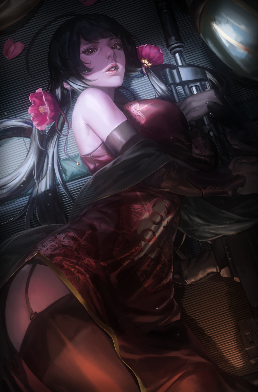 absurdres ahoge anti-materiel_rifle bangs bare_shoulders black_hair black_legwear breasts brown_eyes china_dress chinese_clothes dress dsr-50_(girls_frontline) dsr-50_(weapon) flower garter_straps girls_frontline gun hair_flower hair_ornament highres holding holding_gun holding_weapon huge_breasts long_hair looking_at_viewer lying on_side red_dress red_eyes rifle side_slit sleeveless sleeveless_dress sniper_rifle solo thighhighs uronte very_long_hair weapon