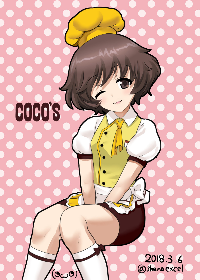 absurdres akiyama_yukari alternate_costume apron ascot bangs bow_legwear brown_eyes brown_hair brown_skirt chef_hat coco's collared_shirt commentary copyright_name dated excel_(shena) eyebrows_visible_through_hair frilled_apron frills girls_und_panzer hat highres invisible_chair kneehighs knees_together_feet_apart light_smile lips looking_at_viewer messy_hair miniskirt one_eye_closed parted_lips pencil_skirt pink_background polka_dot polka_dot_background print_legwear puffy_short_sleeves puffy_sleeves shirt short_hair short_sleeves signature sitting skirt solo twitter_username v_arms waist_apron waitress white_apron white_legwear yellow_hat yellow_neckwear yellow_shirt