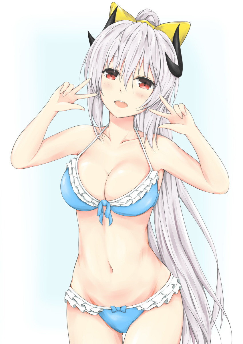 :d absurdres bikini blue_bikini blush bow breasts double_v eyebrows_visible_through_hair fate/grand_order fate_(series) frilled_bikini frills grey_hair hair_between_eyes hair_bow highres kiyohime_(fate/grand_order) kiyohime_(swimsuit_lancer)_(fate) large_breasts long_hair looking_at_viewer navel open_mouth ponytail red_eyes smile solo swimsuit v very_long_hair yellow_bow yuyusuika