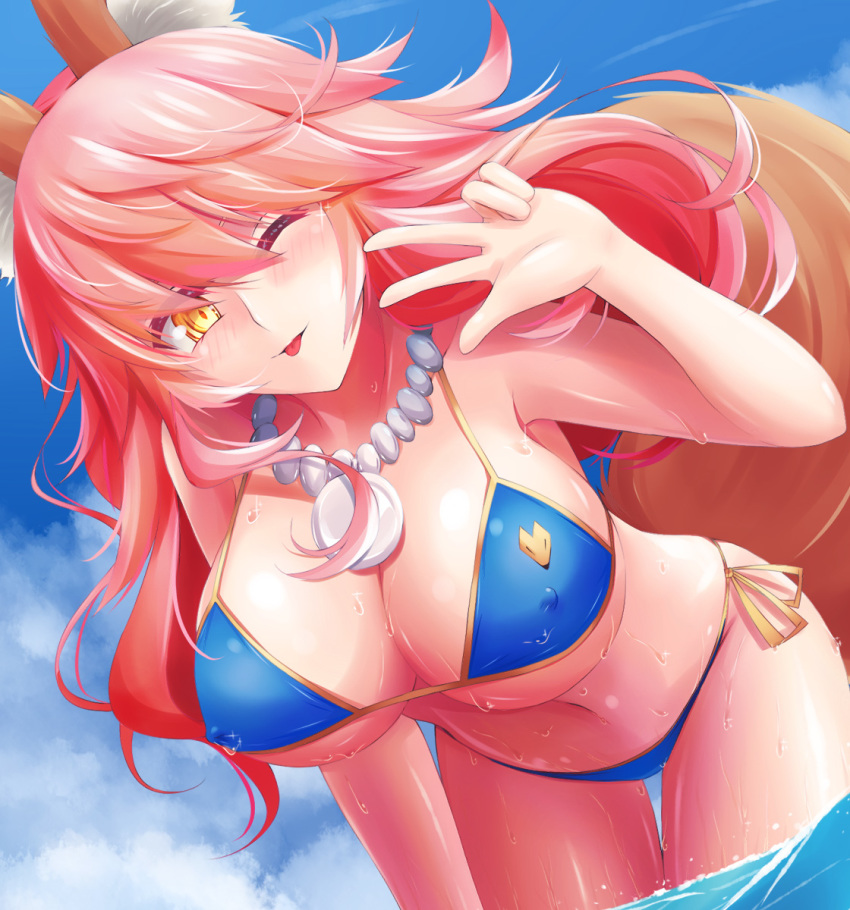 ;p ahsiu animal_ears bangs bare_arms bare_shoulders bent_over bikini blue_bikini blue_sky breasts cleavage closed_mouth cloud covered_nipples day fate/grand_order fate_(series) fox_ears fox_tail hair_between_eyes head_tilt highres jewelry large_breasts long_hair looking_at_viewer navel necklace one_eye_closed orange_ribbon pendant pink_hair ribbon side-tie_bikini sky solo sparkle string_bikini swimsuit tail tamamo_(fate)_(all) tamamo_no_mae_(swimsuit_lancer)_(fate) thigh_gap tongue tongue_out w wading water water_drop yellow_eyes