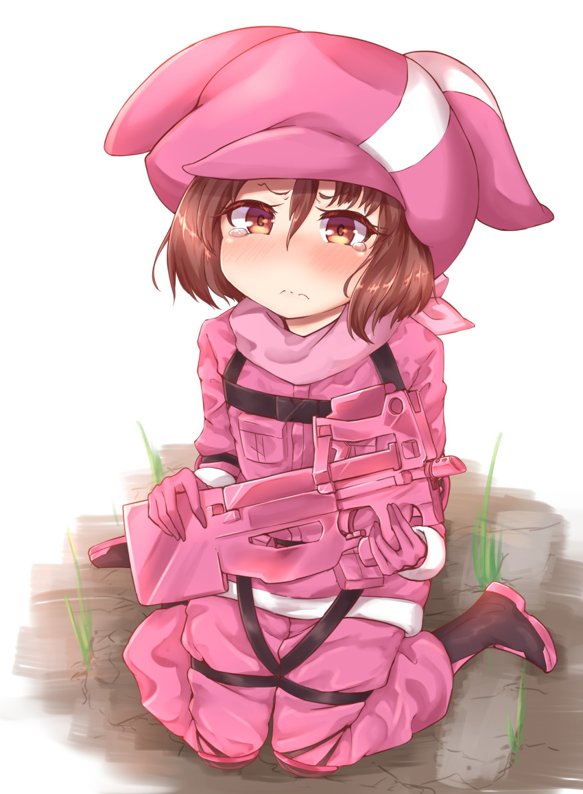 absurdres animal_ears animal_hat bangs black_footwear blush boots brown_eyes brown_hair bullpup bunny_ears bunny_hat cabbie_hat closed_mouth commentary_request eyebrows_visible_through_hair gloves gun hair_between_eyes hat highres holding holding_gun holding_weapon jacket llenn_(sao) long_hair long_sleeves makano_mucchi nose_blush p-chan_(p-90) p90 pants pink_gloves pink_hat pink_jacket pink_pants sitting solo submachine_gun sword_art_online sword_art_online_alternative:_gun_gale_online tears wariza wavy_mouth weapon