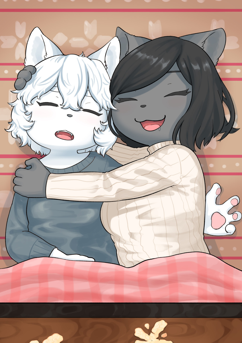 848siba black_hair dog eyes_closed furry hugging multiple_girls open_mouth short_hair sleeping white_hair