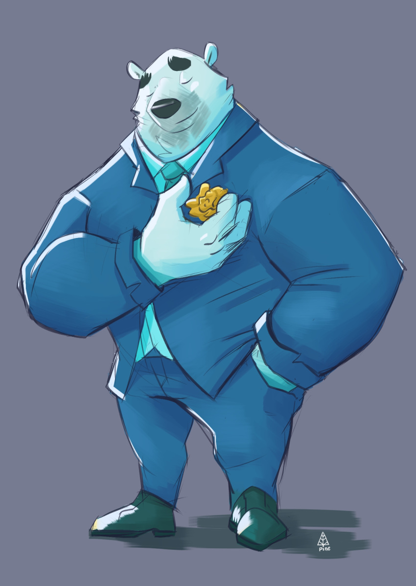 2016 anthro bear black_nose blue_fur clothed clothing colored_sketch dress_shirt eyebrows eyes_closed footwear front_view full_portrait fully_clothed fur grey_background hand_in_pocket hi_res jacket malcus_pine male mammal misterbunny56 pants polar_bear shirt shoes simple_background smile standing suit