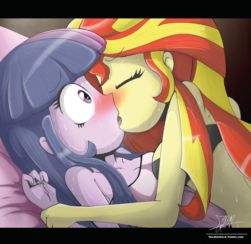2013 blush bra breasts clothing duo equestria_girls eyes_closed female female/female forced hair hi_res human human_on_human human_only kissing long_hair lying mammal multicolored_hair my_little_pony not_furry on_back on_top open_mouth purple_eyes purple_skin sunset_shimmer_(eg) sweat tears the-butcher-x tongue twilight_sparkle_(eg) two_tone_hair underwear