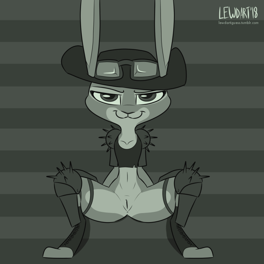 2018 :3 anthro anus armor bottomless breasts cleavage clothed clothing crouching disney eyewear fanartiguess female goggles goggles_on_forehead greyscale hat judy_hopps knee_pads lagomorph looking_at_viewer mammal monochrome pattern_background pauldron pussy rabbit signature simple_background solo spread_legs spreading url zootopia