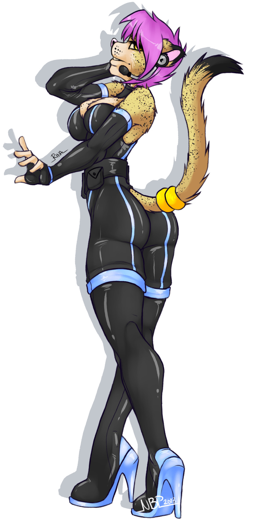 2018 alpha_channel alternate_color anthro big_breasts breasts butt cheetah clothed clothing digital_drawing_(artwork) digital_media_(artwork) feline female fingerless_gloves footwear fur gloves head_set hi_res high_heels jewelry jumpsuit legwear looking_at_viewer looking_back mammal nightmarebearpuff open_mouth shoes signature simple_background solo spots spotted_fur spy standing tail_rings teeth thick_thighs transparent_background voluptuous