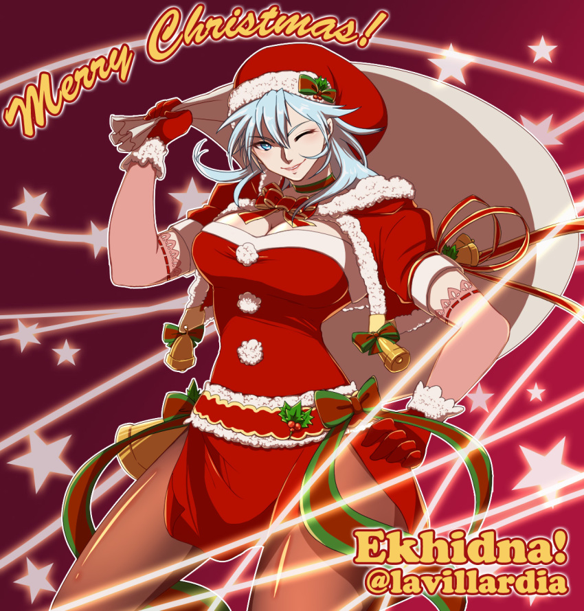 1girl artist_name bell blue_eyes blue_hair bow breasts character_name christmas christmas_ornaments cleavage echidna_(fire_emblem) fire_emblem fire_emblem:_fuuin_no_tsurugi fire_emblem_heroes fur_trim gloves hat highres large_breasts lavillardia leaf lips long_hair merry_christmas one_eye_closed pantyhose red_background santa_costume santa_hat simple_background solo star teeth