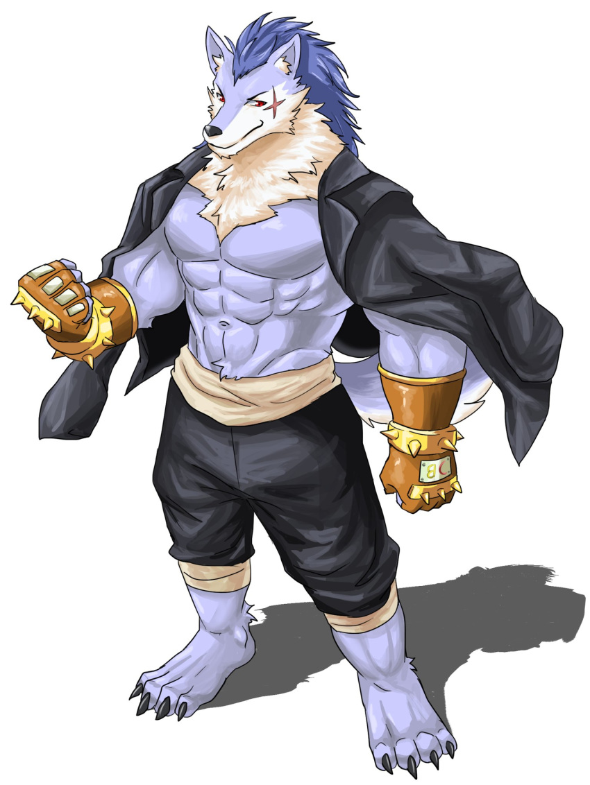 2018 abs anthro big_muscles canine clothing digital_media_(artwork) fur gloves hi_res male mammal muscular muscular_male pecs scar simple_background weedwolf white_background wolf