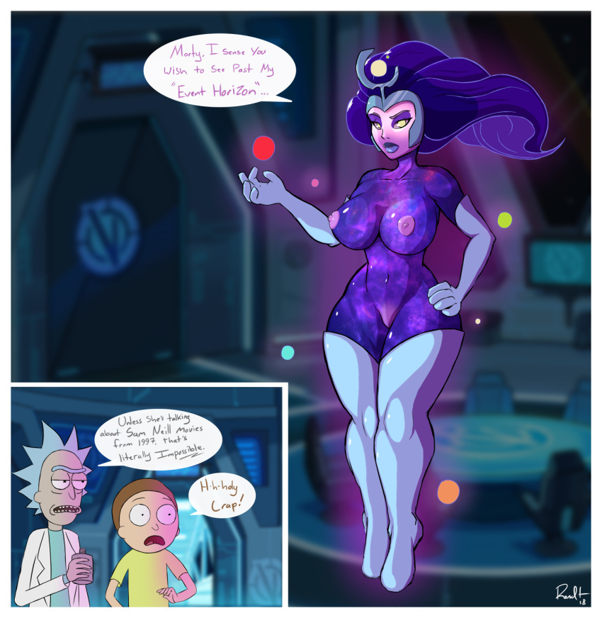 big_breasts border breasts clothing dialogue female floating gloves glowing hair head_dress human humanoid legwear looking_at_viewer mammal morty_smith nipples not_furry purple_skin pussy randt rick_and_morty rick_sanchez speech_bubble stockings supernova white_border