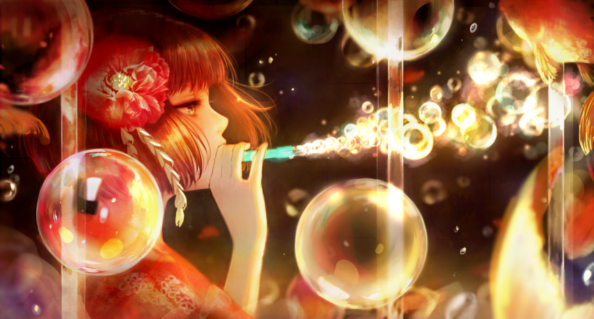 brown_eyes brown_hair bubble bubble_blowing eyebrows_visible_through_hair floral_print flower from_side hair_flower hair_ornament hand_up highres holding japanese_clothes kanzashi kimono original profile red_kimono romiy solo tsumami_kanzashi upper_body
