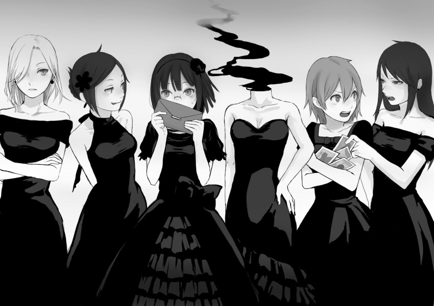 :p bare_shoulders blush breasts celty_sturluson cleavage closed_mouth covering_mouth dress dullahan durarara!! earrings embarrassed eye_contact flower glasses gradient gradient_background grey_background greyscale hair_bun hair_flower hair_ornament hair_over_one_eye hand_on_hip harima_mika highres jewelry karisawa_erika long_dress long_hair looking_at_another medium_breasts monochrome multiple_girls open_mouth photo_(object) pince-nez romiy short_hair smile sonohara_anri standing tongue tongue_out vorona yagiri_namie