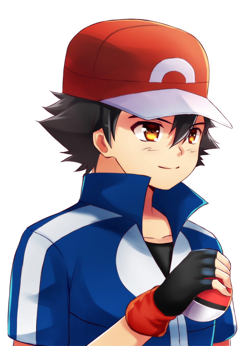 ashujou black_hair closed_mouth collared_shirt commentary_request fingerless_gloves gloves hat highres male_focus pokemon pokemon_(anime) pokemon_(game) pokemon_xy pokemon_xy_(anime) satoshi_(pokemon) shirt simple_background smile solo upper_body white_background