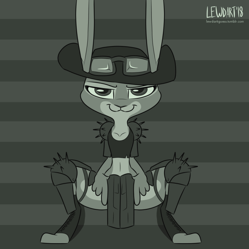 2018 :3 anthro armor bottomless clothed clothing convenient_censorship crouching disney dual_wielding eyewear fanartiguess female goggles goggles_on_forehead greyscale gun handgun hat holding_object holding_weapon judy_hopps knee_pads lagomorph looking_at_viewer mammal monochrome pattern_background pauldron pistol rabbit ranged_weapon signature simple_background solo spread_legs spreading url weapon zootopia