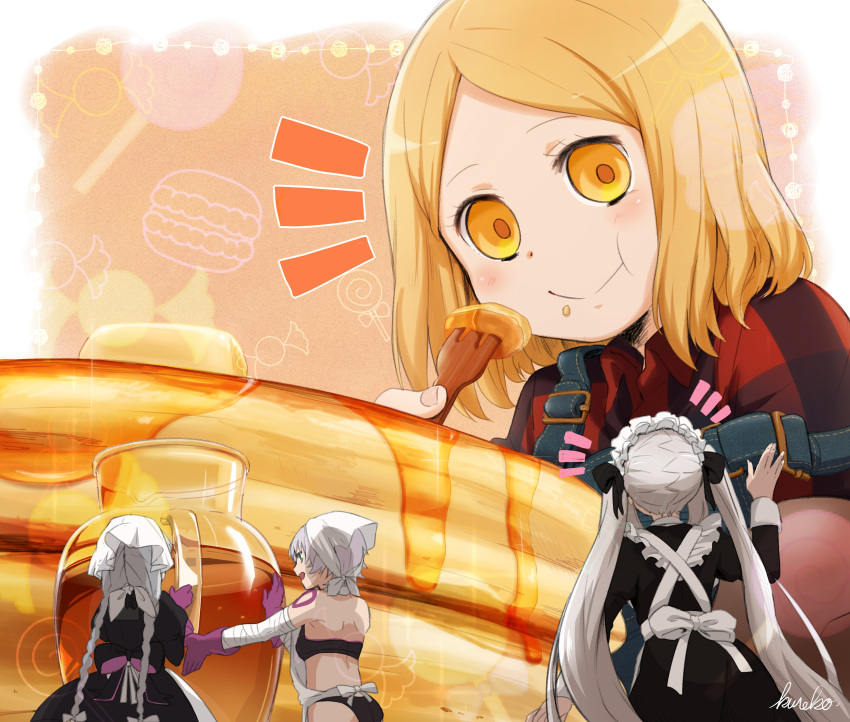 absurdres apron artist_name blonde_hair candy commentary_request eating fate/apocrypha fate/extra fate/grand_order fate_(series) food food_on_face food_themed_background giantess highres jack_the_ripper_(fate/apocrypha) macaron marie_antoinette_(fate/grand_order) multiple_girls nursery_rhyme_(fate/extra) oversized_object pancake paul_bunyan_(fate/grand_order) rantyouka short_hair signature silver_hair size_difference stack_of_pancakes syrup twintails yellow_eyes