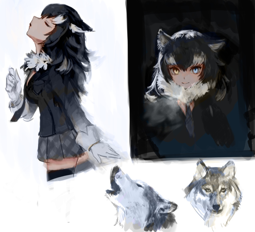 animal_ears bangs black_hair black_legwear black_neckwear blue_eyes breast_pocket breasts closed_eyes closed_mouth commentary fur_collar gloves grey_skirt grey_wolf grey_wolf_(kemono_friends) hand_up heterochromia highres howling kemono_friends large_breasts long_hair long_sleeves multiple_views necktie parted_lips pleated_skirt pocket skirt smile standing thighhighs treeware white_gloves wolf wolf_ears yellow_eyes