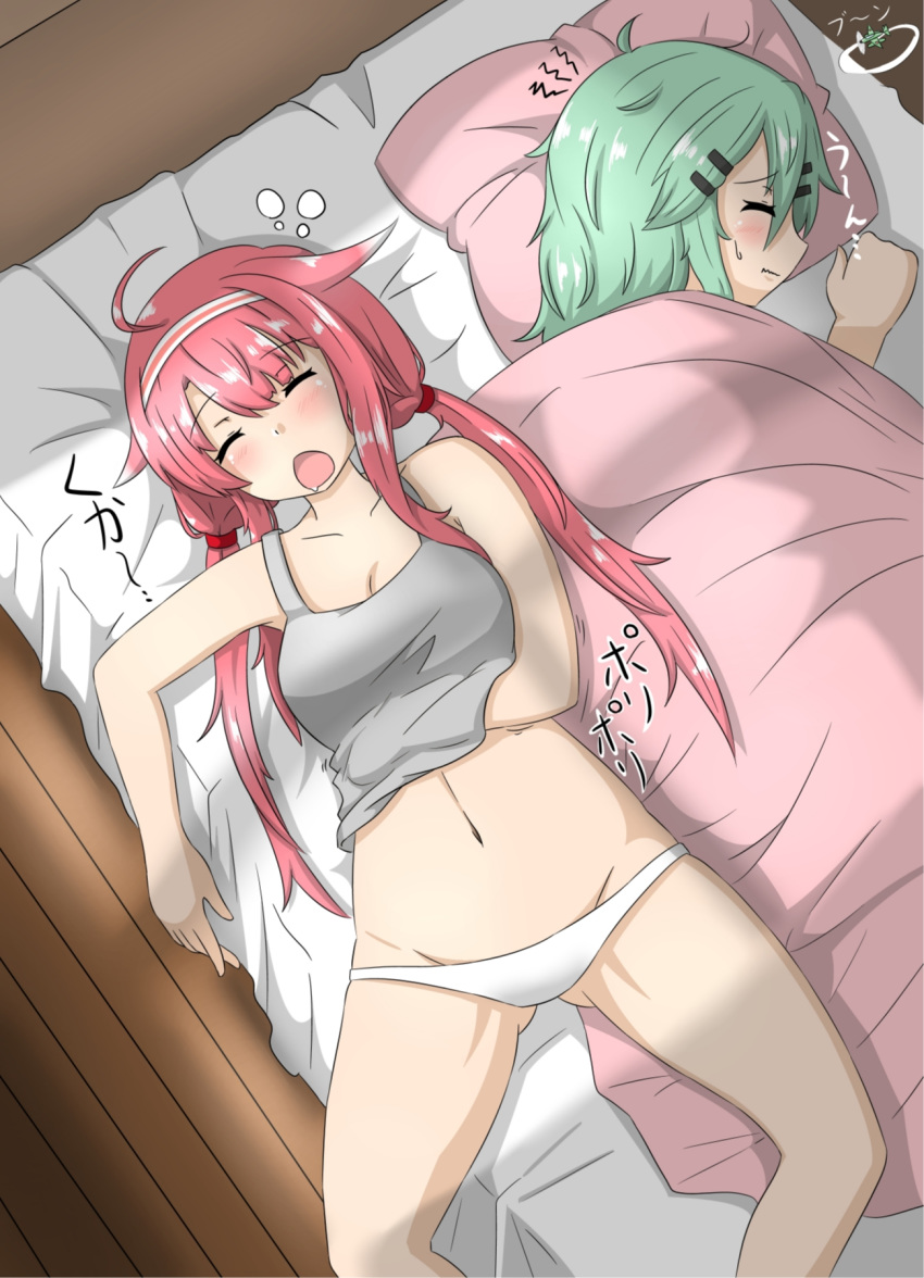 ahoge aircraft airplane alternate_costume bangs bare_arms bare_shoulders bed blush closed_eyes collarbone commentary_request day from_above gradient_hair green_hair grey_tank_top groin hair_flaps hair_ornament hair_tie hairclip hand_under_clothes head_on_pillow highres kantai_collection kawakaze_(kantai_collection) long_hair low_twintails lying multicolored_hair multiple_girls navel on_back on_side open_mouth panties pillow red_hair remodel_(kantai_collection) sakuramai_(sakuramai_0525) shiny shiny_hair sleeveless snoring tank_top twintails under_covers underwear wavy_mouth white_panties wooden_floor yamakaze_(kantai_collection)