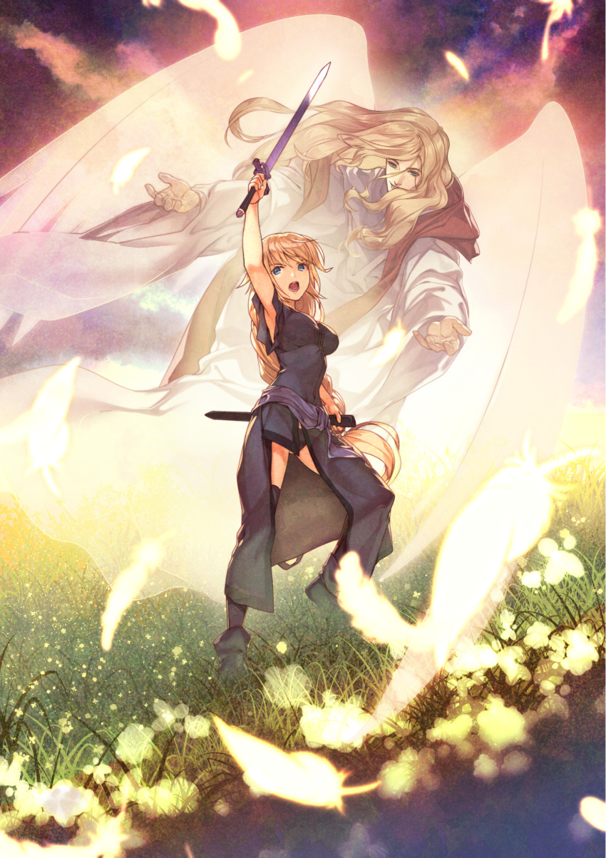 1girl akisa_(12023648) archangel_michael arm_up armpits black_dress black_footwear black_panties blonde_hair blue_eyes boots dress fate/apocrypha fate_(series) feathers floating_hair flower hair_between_eyes highres holding holding_sword holding_weapon jeanne_d'arc_(fate) jeanne_d'arc_(fate)_(all) long_hair open_mouth outdoors outstretched_arms panties ponytail sword thigh_boots thighhighs underwear very_long_hair weapon white_wings wings