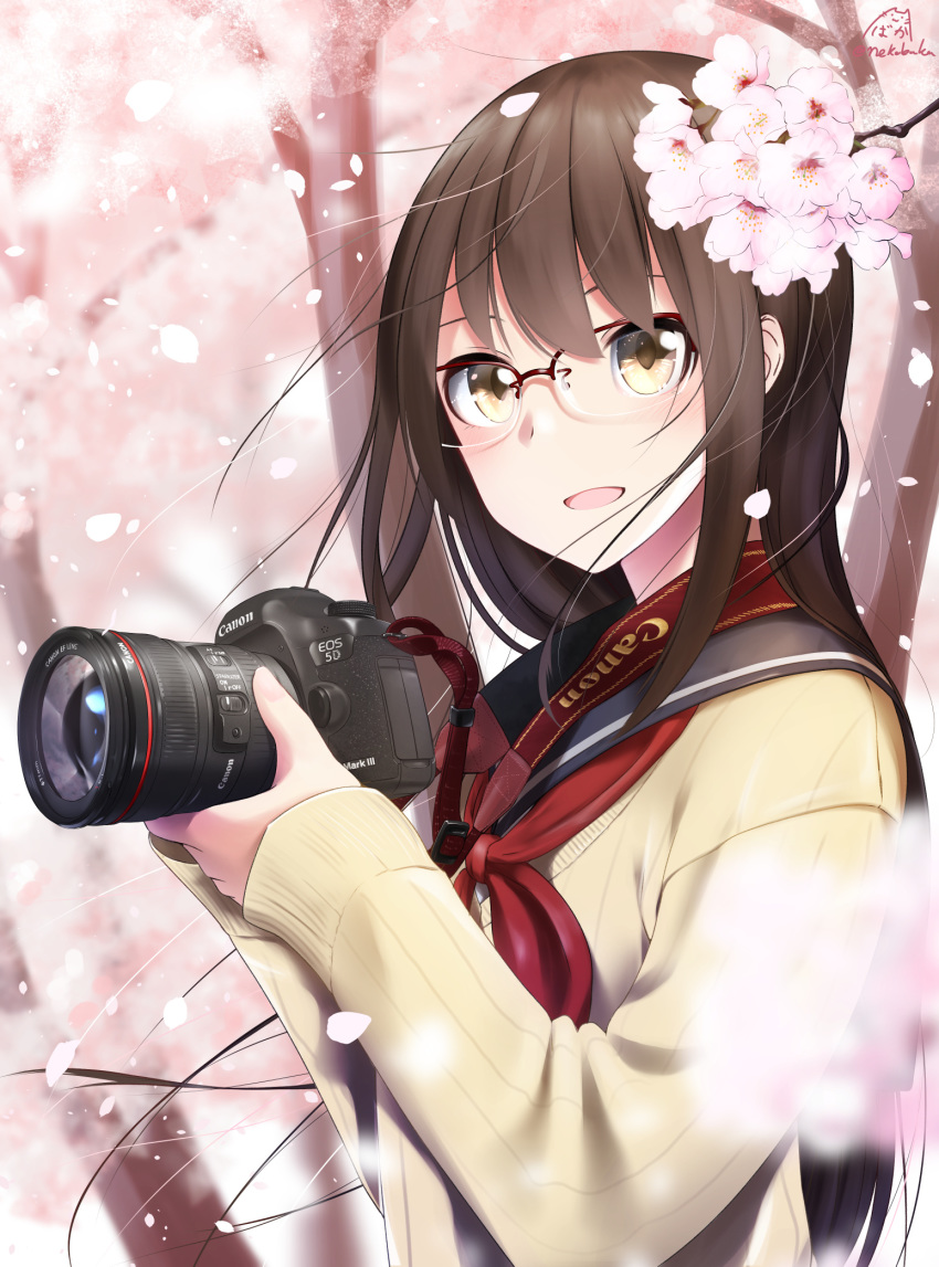 :d blurry blurry_background blurry_foreground blush brown_hair buckle camera canon_(company) cardigan cherry_blossoms depth_of_field flower glasses highres holding holding_camera long_hair long_sleeves looking_at_viewer neckerchief nekobaka open_mouth original over-rim_eyewear petals pink_flower red-framed_eyewear red_neckwear school_uniform semi-rimless_eyewear serafuku sleeves_past_wrists smile solo spring_(season) tree two-handed upper_body yellow_cardigan