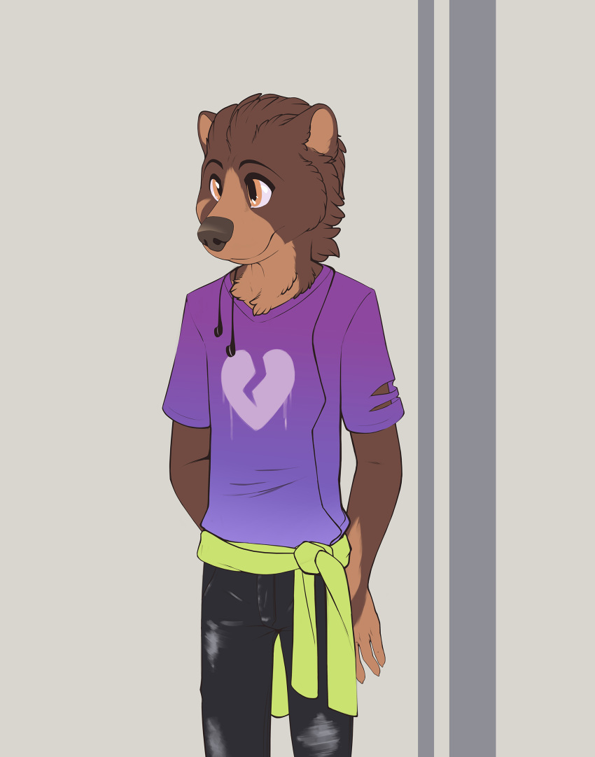 anthro bear brown_eyes brown_fur clothing fur headphones jeans male mammal pants shirt shiuk simple_background solo standing t-shirt teenager young
