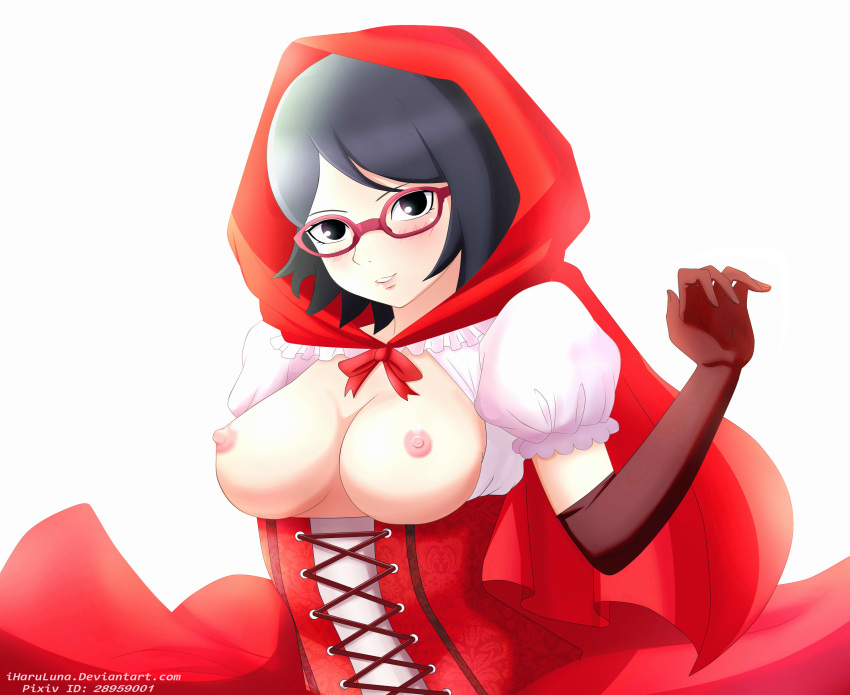 1girl areolae black_eyes black_hair blush boruto:_naruto_next_generations breasts breasts_outside cape cleavage cosplay erect_nipples female glasses iharuluna lips little_red_riding_hood little_red_riding_hood_(character) little_red_riding_hood_(cosplay) looking_at_viewer medium_breasts naruto nipples parted_lips red-framed_glasses red_cape shiny shiny_hair short_hair smile solo sunglasses teeth uchiha_sarada upper_body